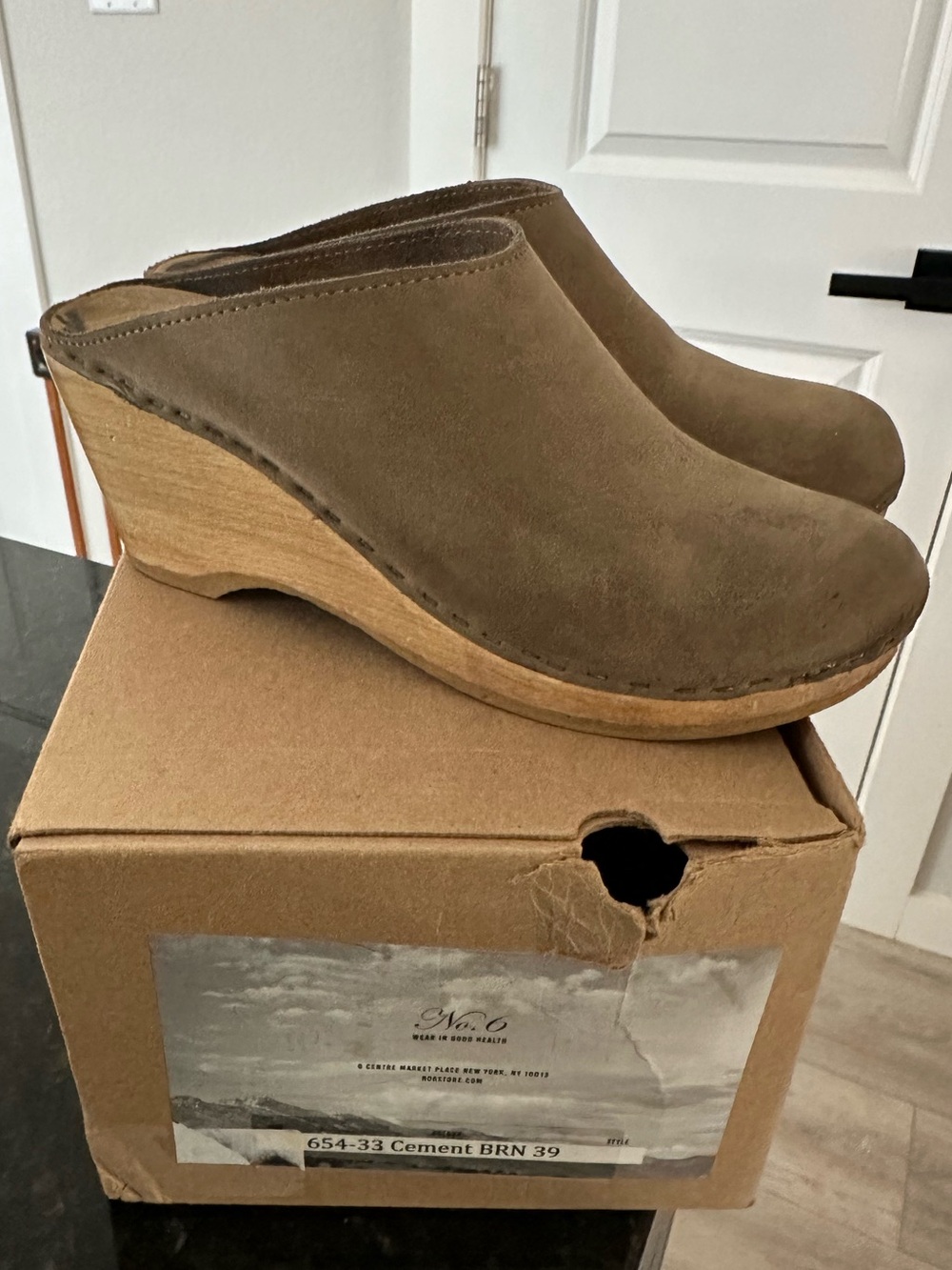 No. 6 New School Clog in gray suede, size 39